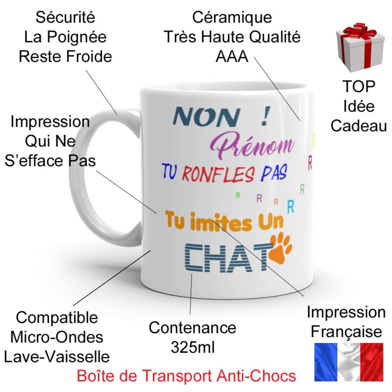 Mug humour prénom personnalisable ronflement chat
