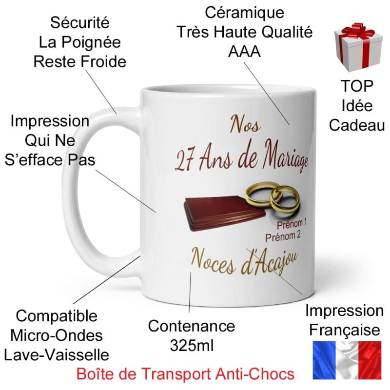 Tasse personnalisable 27 ans mariage noces d’acajou