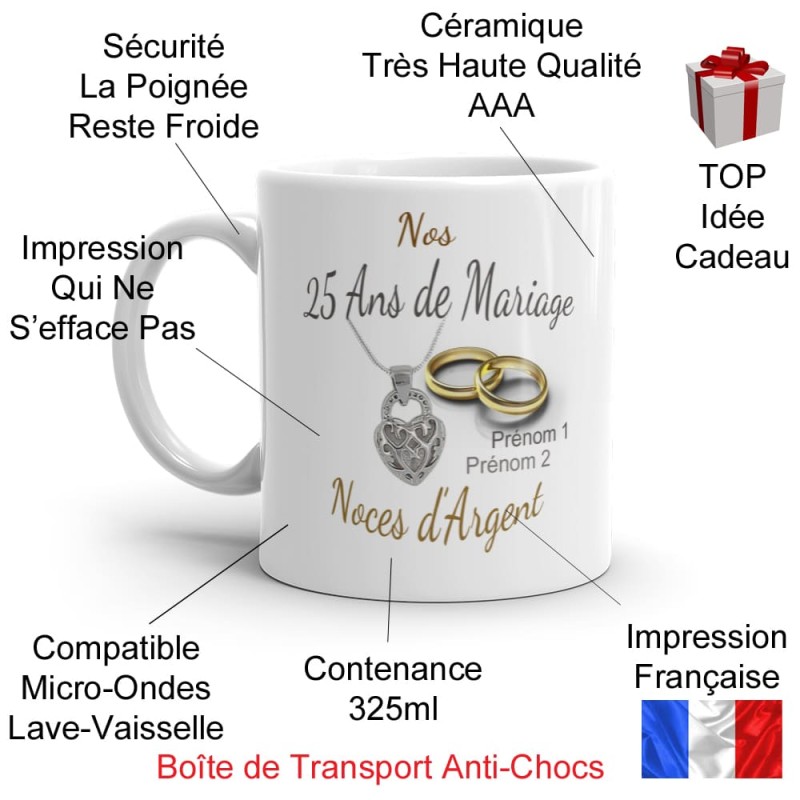 Tasse noces d’argent 25 ans mariage personnalisable