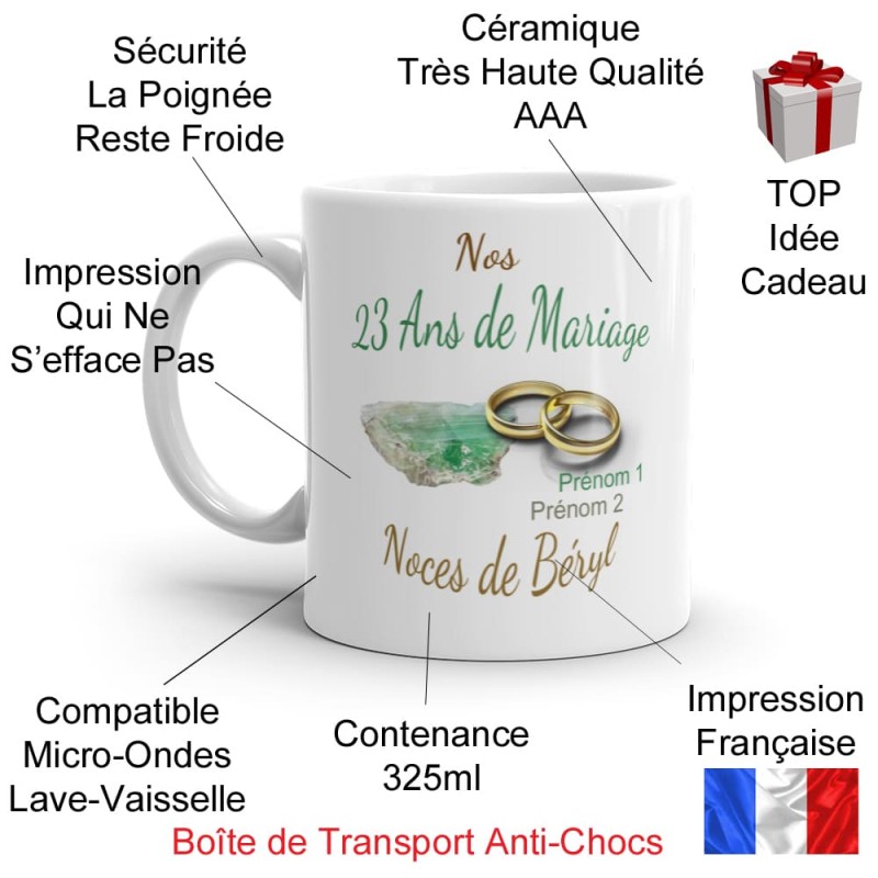 Tasse mariage 23 ans noces de béryl personnalisable