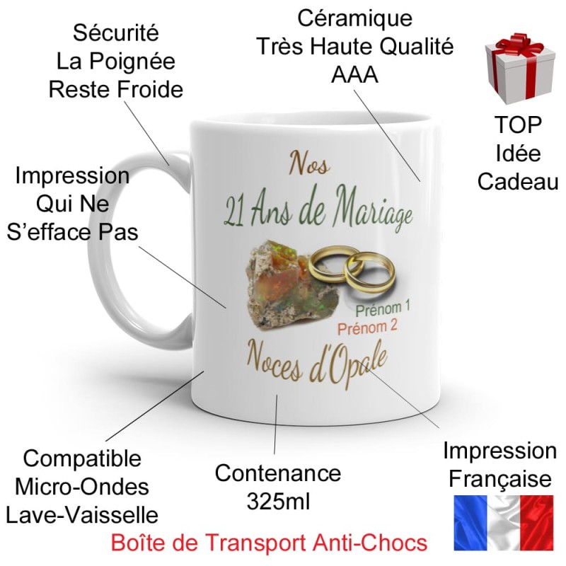 Tasse 21 ans mariage noces d’opale personnalisable
