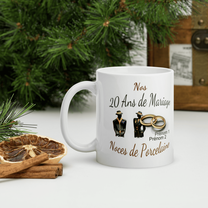 Mug noces de porcelaine 20 ans mariage personnalisé