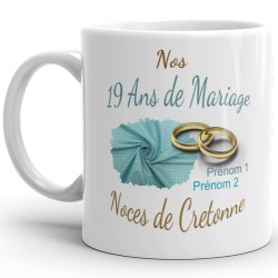 Tasse 19 ans mariage noces de cretonne personnalisée