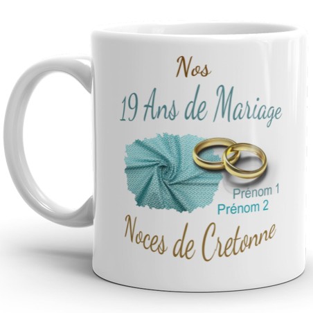 Tasse 19 ans mariage noces de cretonne personnalisée