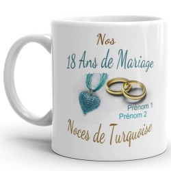 Mug noces de turquoise 18 ans mariage personnalisable
