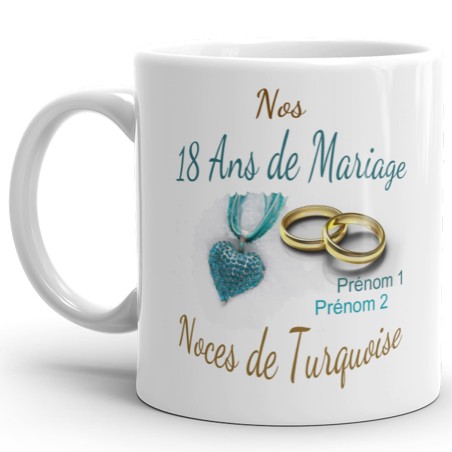 Mug noces de turquoise 18 ans mariage personnalisable