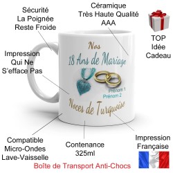 Mug noces de turquoise 18 ans mariage personnalisable