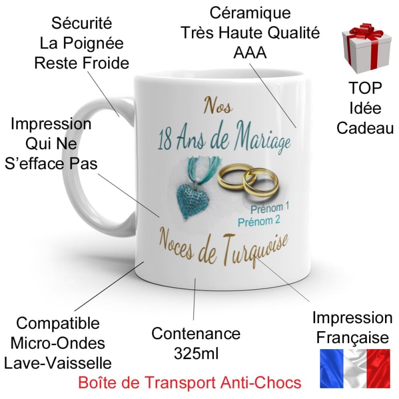 Mug noces de turquoise 18 ans mariage personnalisable