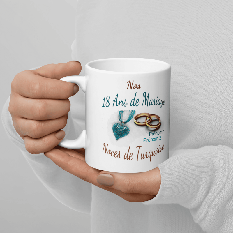 Mug noces de turquoise 18 ans mariage personnalisable