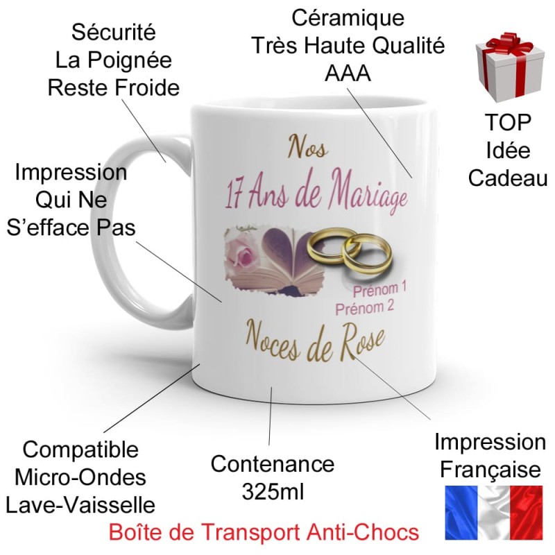 Mug personnalisé noces de rose 17 ans mariage pas cher