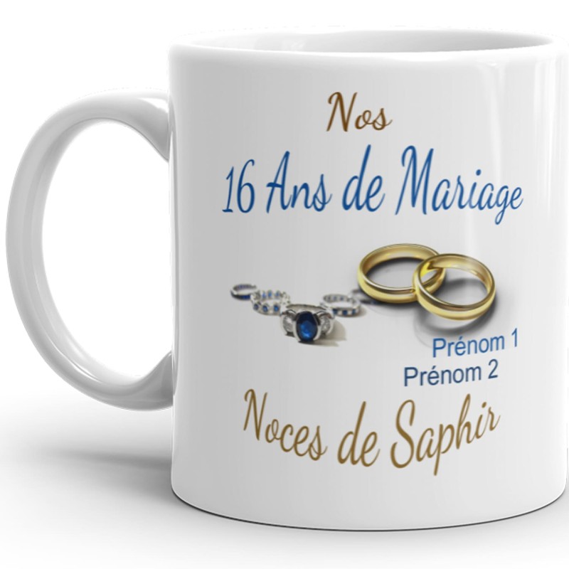 Mug 16 ans mariage noces de saphir personnalisé