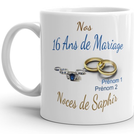 Mug 16 ans mariage noces de saphir personnalisé