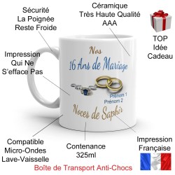 Mug 16 ans mariage noces de saphir personnalisé