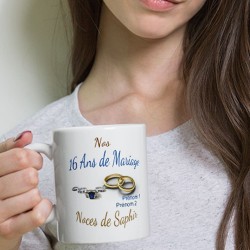 Mug 16 ans mariage noces de saphir personnalisé