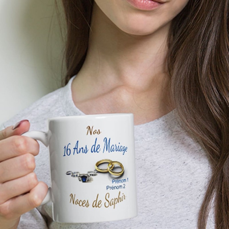 Mug 16 ans mariage noces de saphir personnalisé
