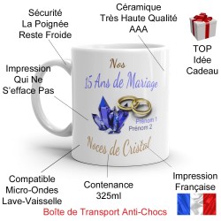 Tasse 15 ans mariage noces de cristal personnalisée