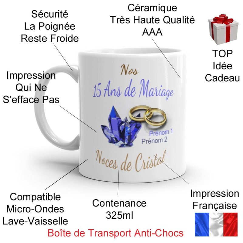 Tasse 15 ans mariage noces de cristal personnalisée