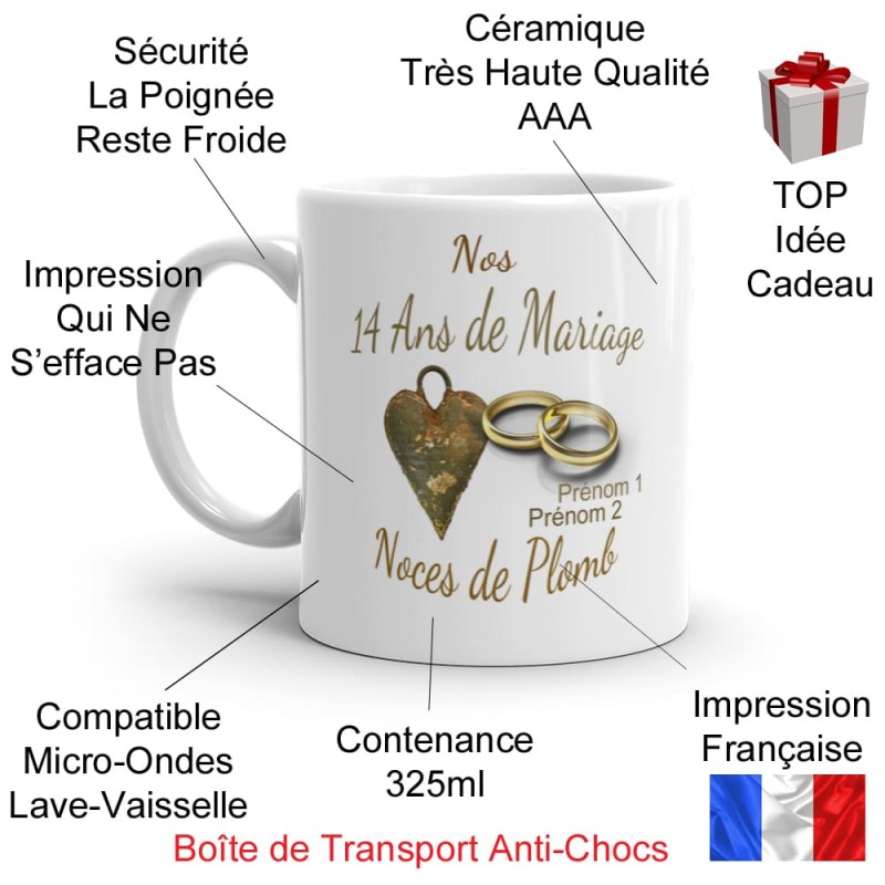 Mug 14 ans mariage noces de plomb personnalisé