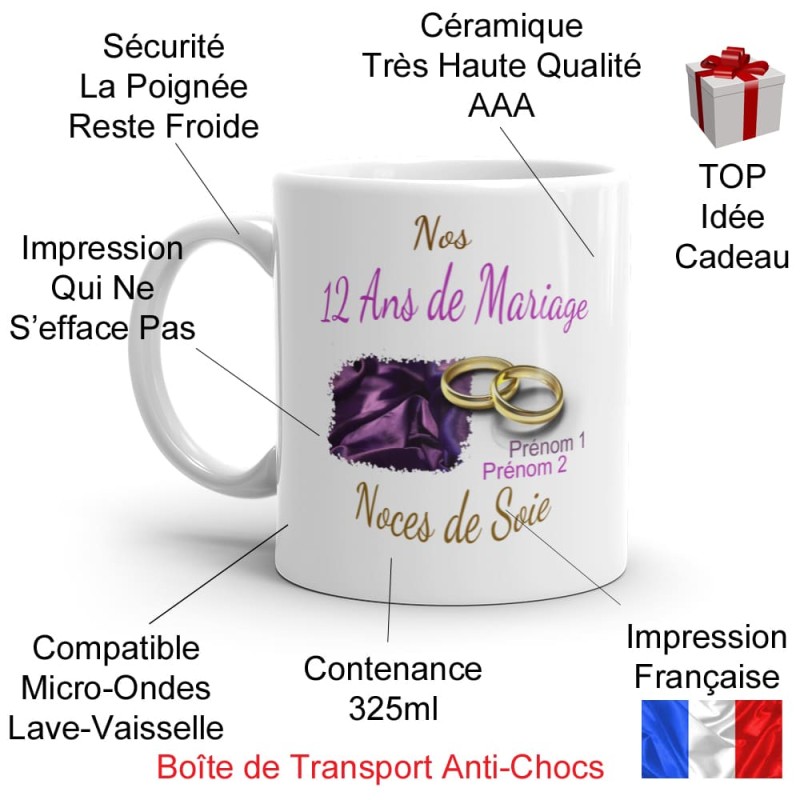 Mug 12 ans mariage noces de soie personnalisé
