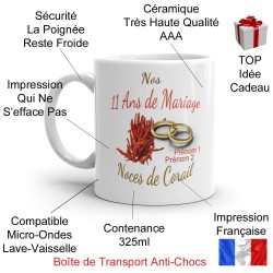 Tasse 11 ans mariage noces de corail personnalisée