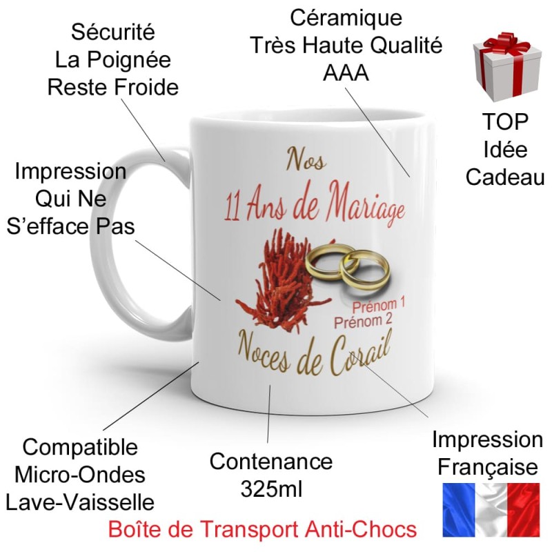 Tasse 11 ans mariage noces de corail personnalisée