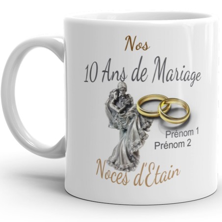 Mug noces d’étain 10 ans mariage personnalisé cadeau