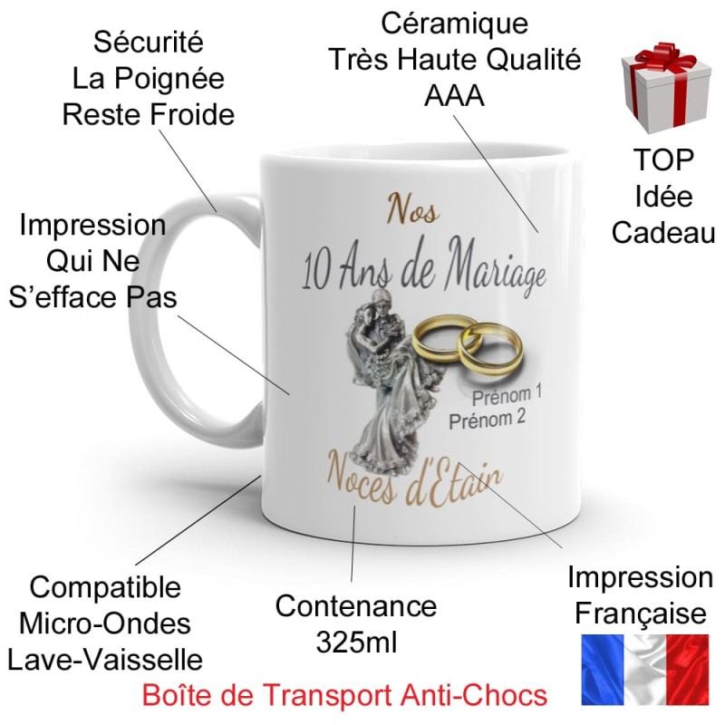 Mug noces d’étain 10 ans mariage personnalisé cadeau