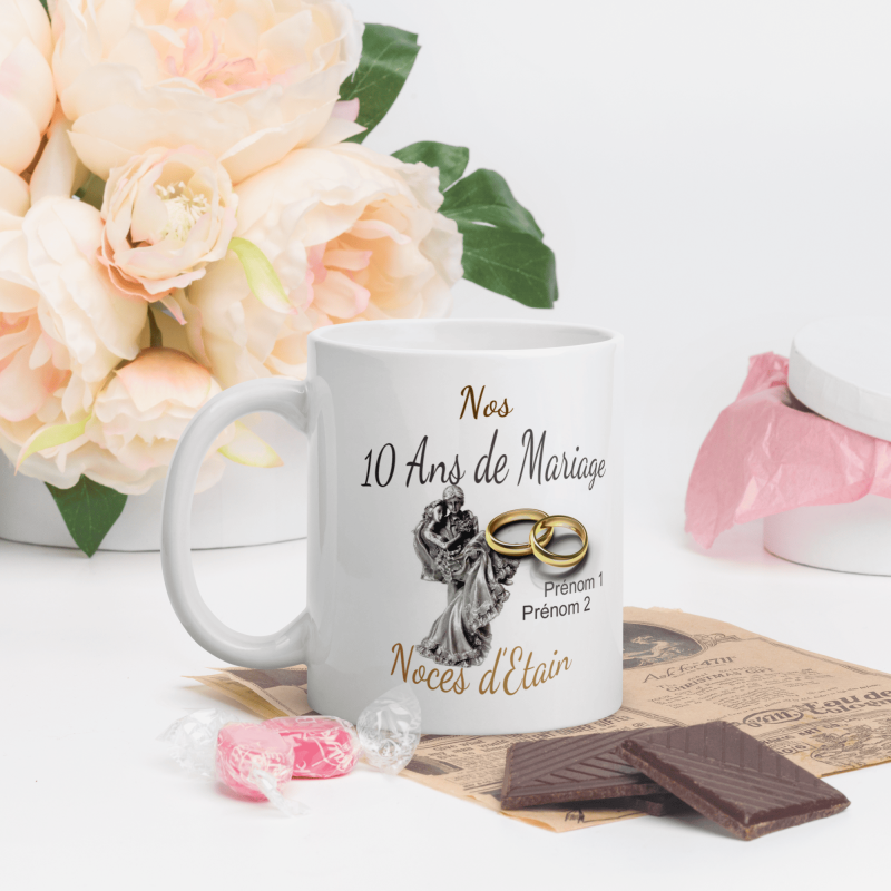 Mug noces d’étain 10 ans mariage personnalisé cadeau