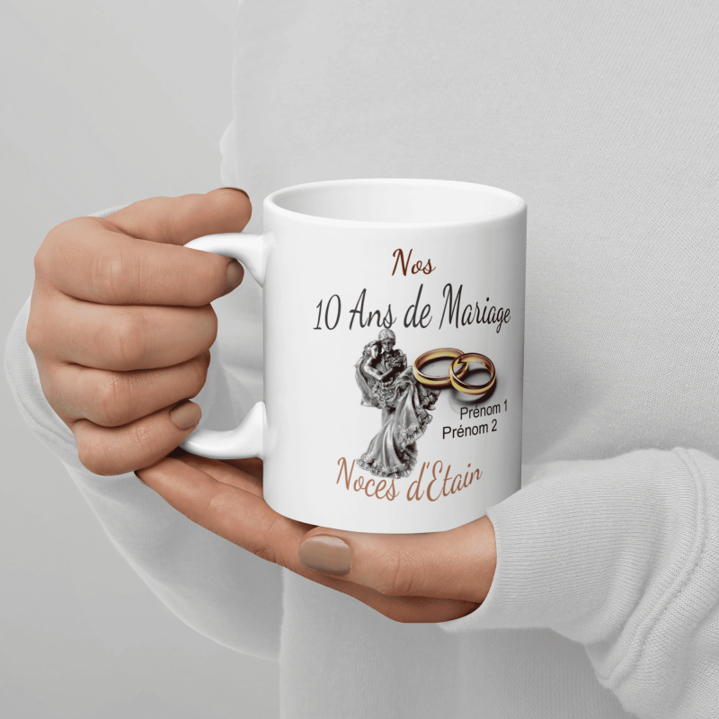 Mug noces d’étain 10 ans mariage personnalisé cadeau