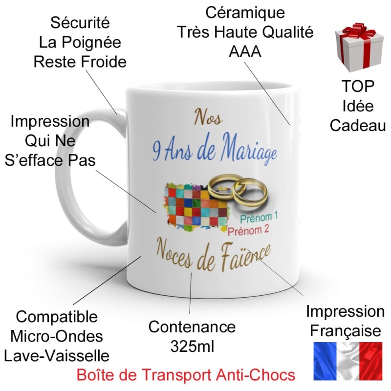 Tasse 9 ans mariage noces de faïence personnalisée