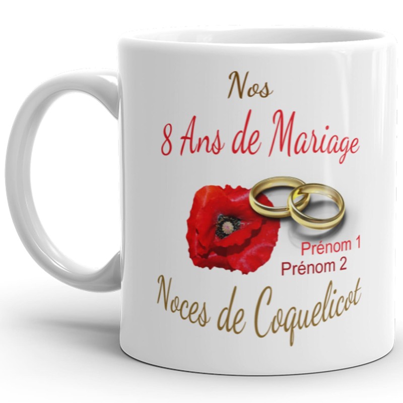 Mug noces de coquelicot 8 ans mariage personnalisé