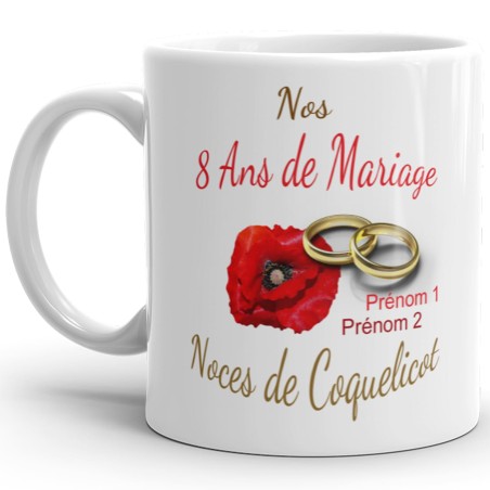 Mug noces de coquelicot 8 ans mariage personnalisé