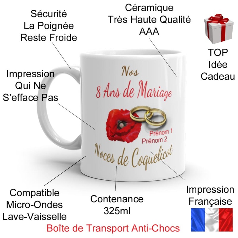 Mug noces de coquelicot 8 ans mariage personnalisé