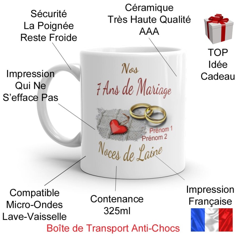 Mug noces de laine 7 ans mariage personnalisé