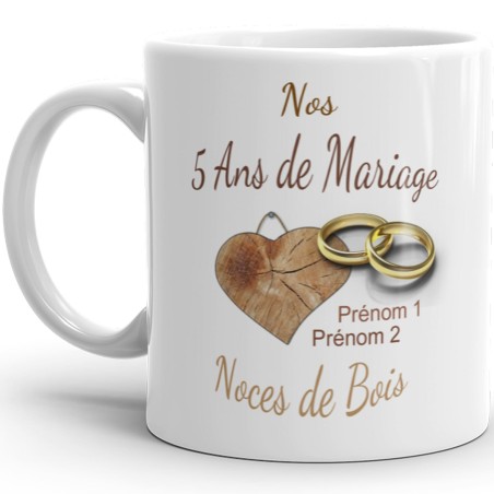 Mug noces de bois 5 ans mariage personnalisé cadeau