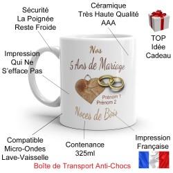 Mug noces de bois 5 ans mariage personnalisé cadeau