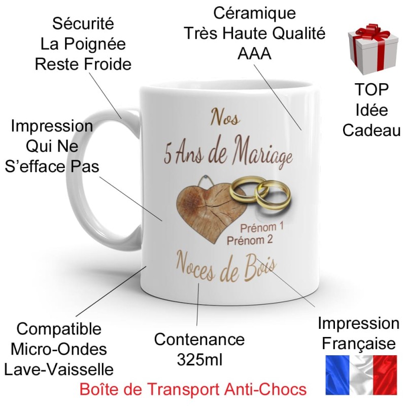 Mug noces de bois 5 ans mariage personnalisé cadeau