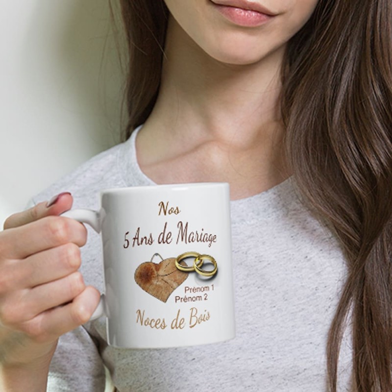 Mug noces de bois 5 ans mariage personnalisé cadeau