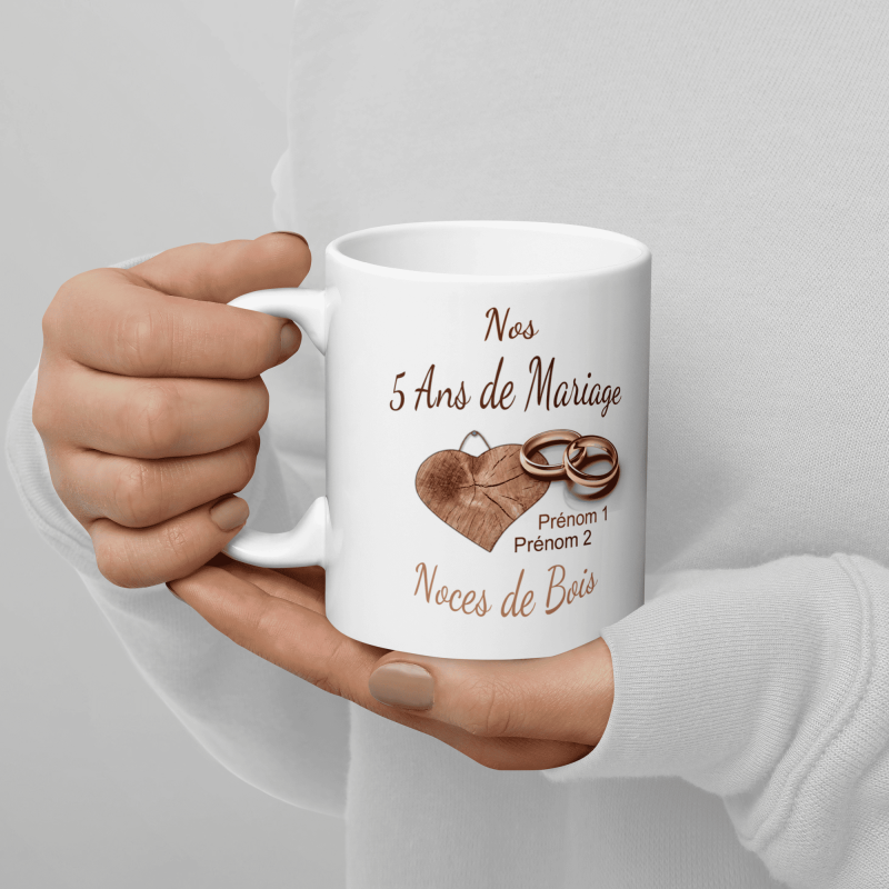 Mug noces de bois 5 ans mariage personnalisé cadeau