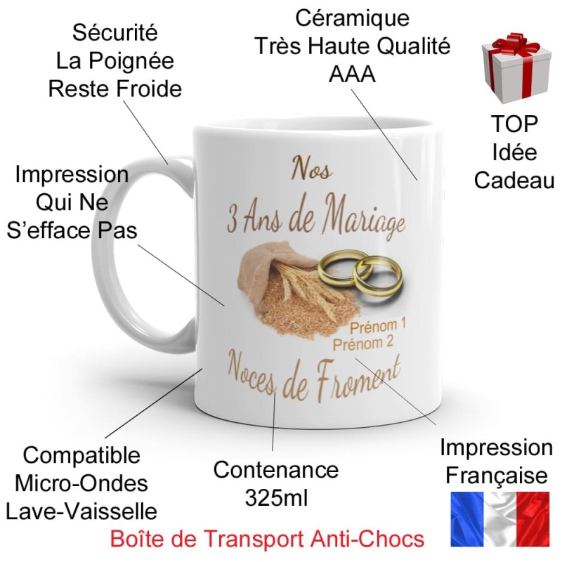 Mug noces de froment 3 ans mariage personnalisé