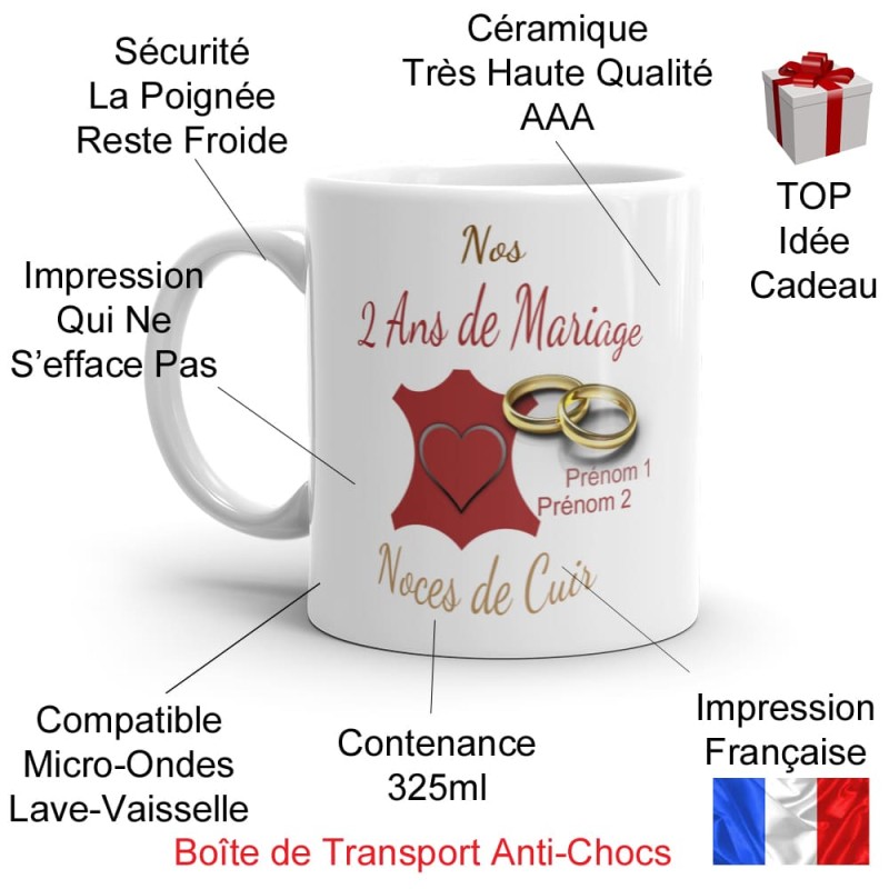 Mug noces de cuir 2 ans mariage personnalisé cadeau