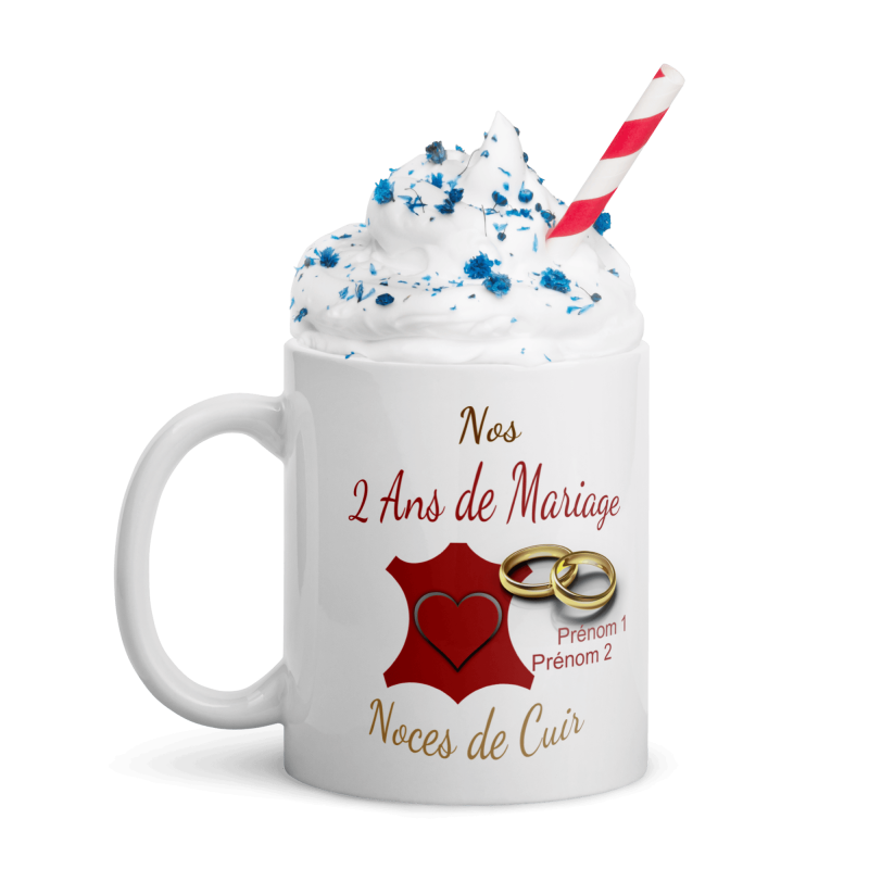 Mug noces de cuir 2 ans mariage personnalisé cadeau