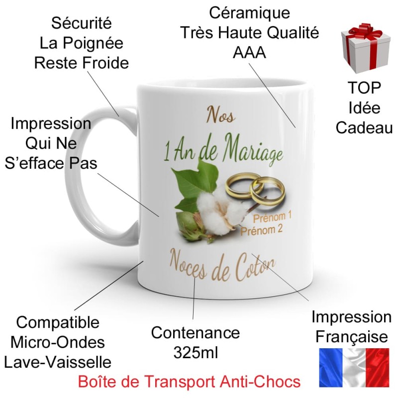 Mug noces de coton 1 an mariage personnalisé cadeau