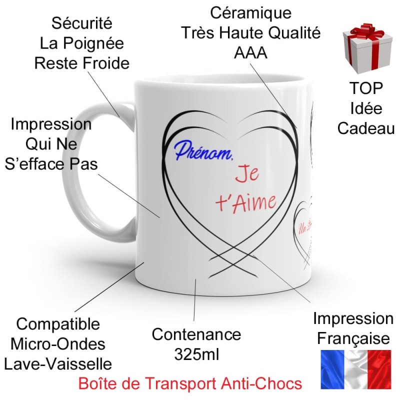 Mug amour personnalisable je t’aime tasse cadeau unique