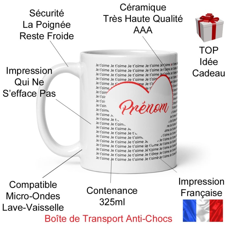 Tasse personnalisable prénom cœur je t’aime cadeau amour