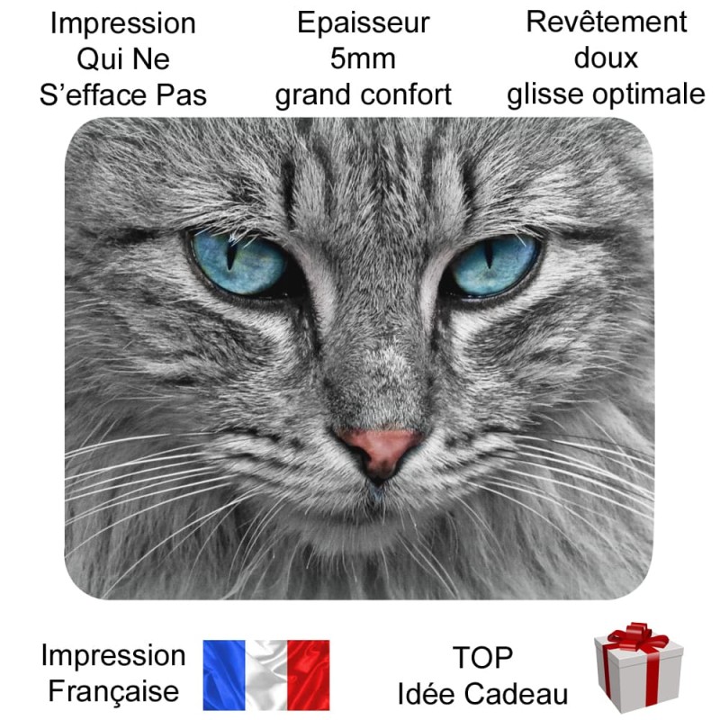 Tapis de souris chat gris yeux bleus pour enfants et adultes