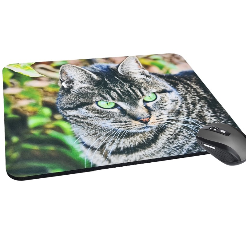 Tapis de souris chat gris yeux verts émeraude