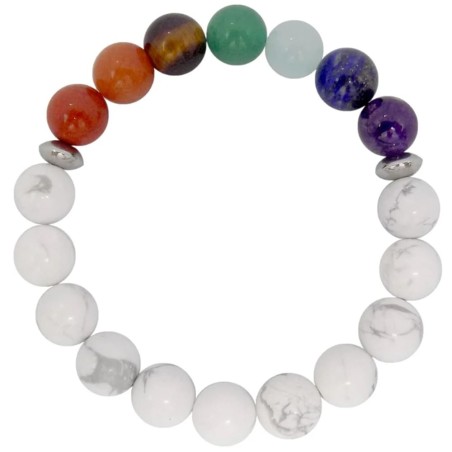 Bracelet 7 chakras en perles de pierres colorées et de howlite blanche veinée de gris
