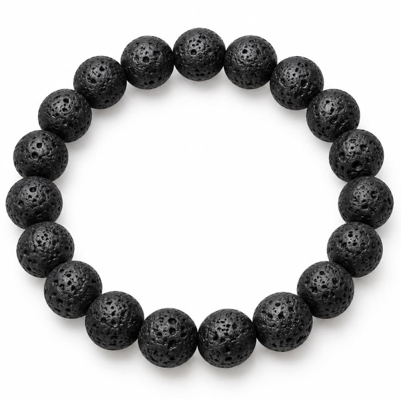 Bracelet en perles rondes de pierre de lave noire à la surface alvéolée