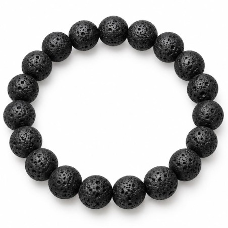 Bracelet en perles rondes de pierre de lave noire à la surface alvéolée